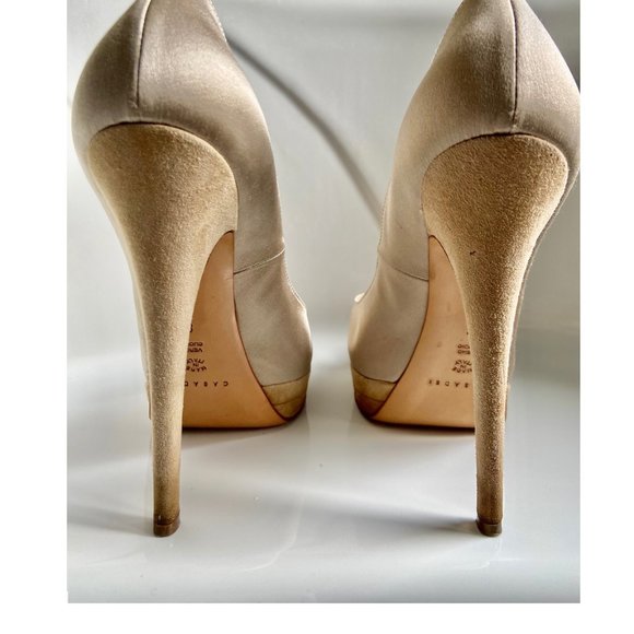 Casadei Champagne Satin Platform Peep Toe Pumps - Picture 6 of 9
